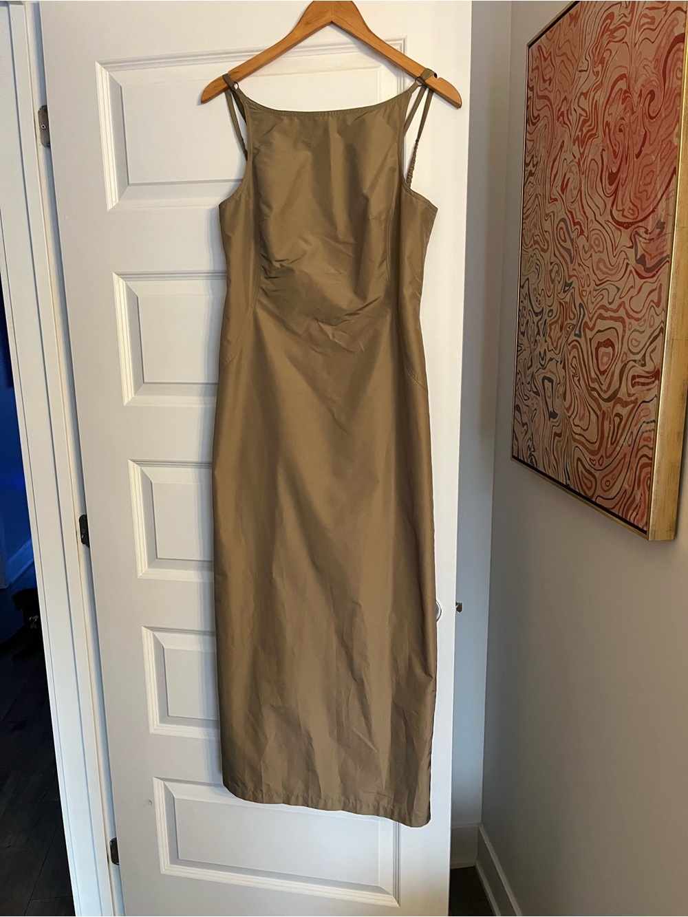 Simon Chang Neutral Tan Maxi Slip Dress with Double Spaghetti Straps